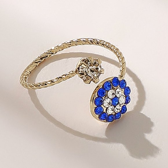 Gold Rhinestone Eye Cuff Ring Blue Dainty Gift Boho Trendy Jewelry Adjustable - Picture 2 of 3